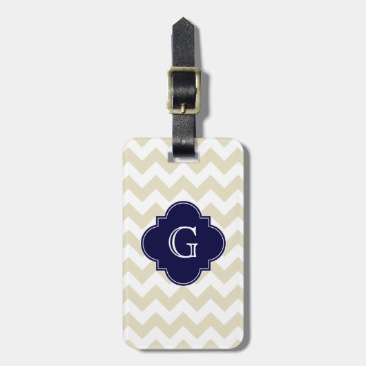 Sand Beige White Chevron Navy Quatrefoil Monogram Bagagelabel (Voorkant verticaal)