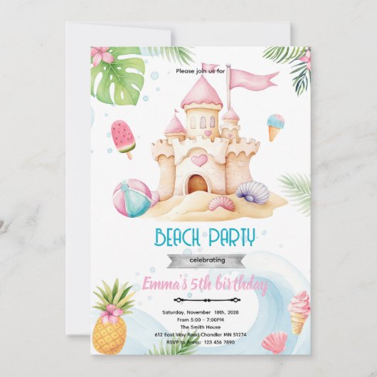Sand castle girl invitation (Devant)