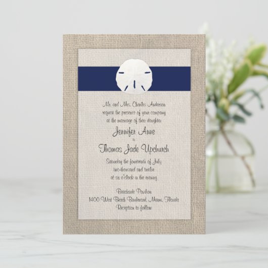 Sand Dollar Beach Wedding Invitation Navy Blue (Debout devant)