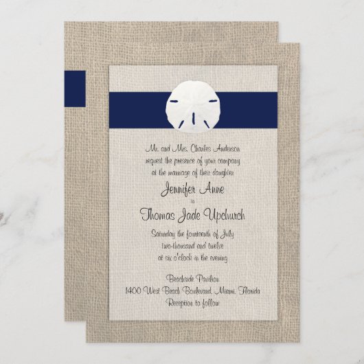 Sand Dollar Beach Wedding Invitation Navy Blue (Devant / Derrière)