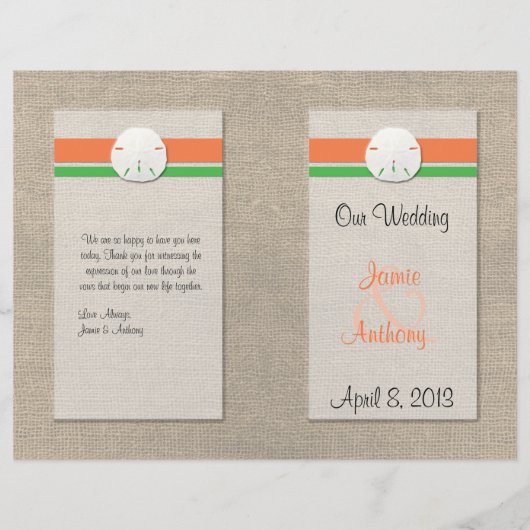 Sand Dollar Beach Wedding Programme - Oranje en gr (Voorkant)