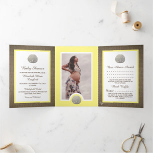 Sand Dollars & Burlap, Beach Baby shower Suite Drieluik Uitnodiging