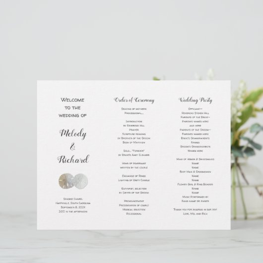 Sand Dollars Folded Big Wave Wedding Programme (Staand voorkant)