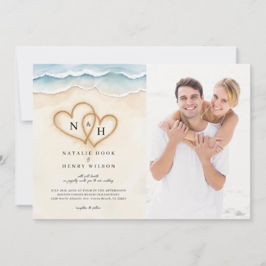 Sand Hearts Beach Mariage Photo Invitation Beige (Devant)
