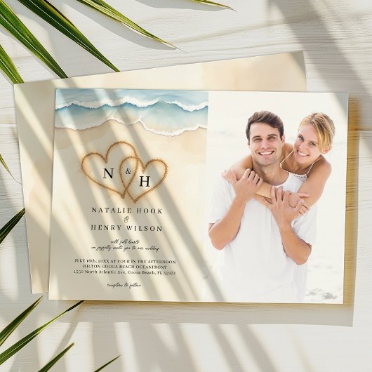 Sand Hearts Beach Mariage Photo Invitation Beige