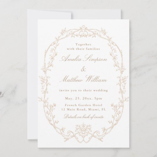 Sand Ornate Floral Frame All in One Wedding Kaart (Voorkant)
