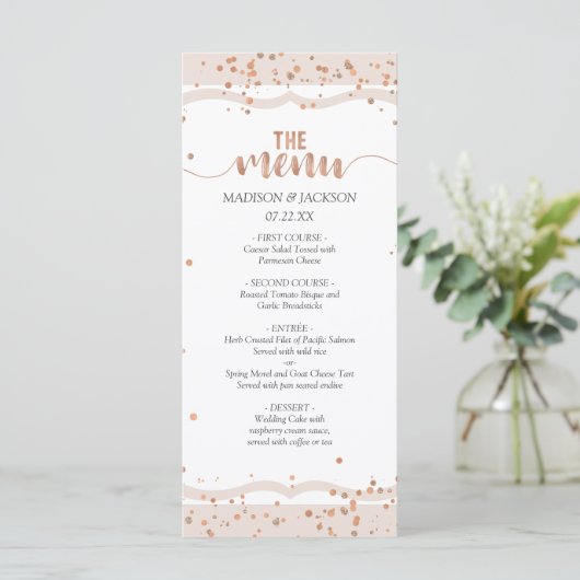 Sand Stripes & Roos Goud Confetti Bruiloft Menu (Staand voorkant)