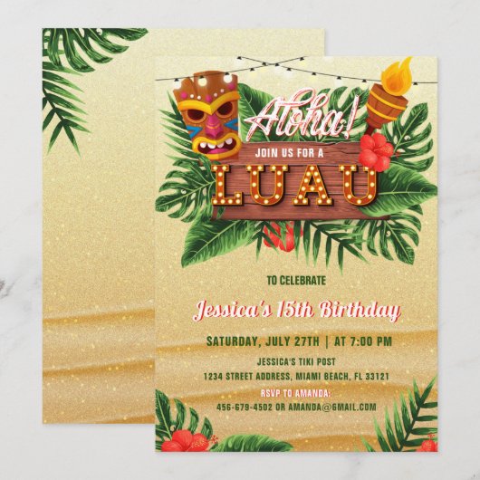 Sand Tropical Luau Birthday Invitation Kaart (Voorkant / Achterkant)