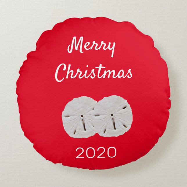 Sanddollar Patroon Rood Wit Strand Vrolijk Kerstfe Rond Kussen (Voorkant)