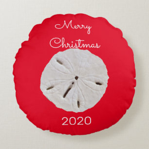 Sanddollar Patroon Rood Wit Vrolijk Kerstcadeau Rond Kussen