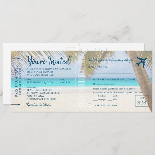 Sandy Beach Boarding Pass Mariage Invitation avec (Devant / Derrière)