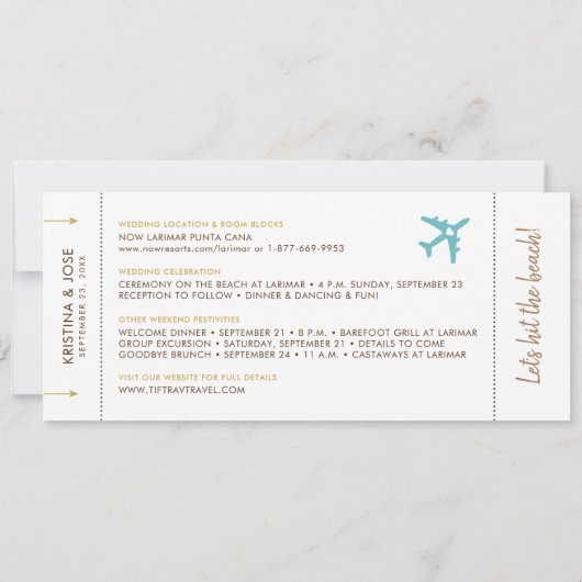 Sandy Beach Boarding Pass Ticket Save Date Card Aankondiging (Achterkant)