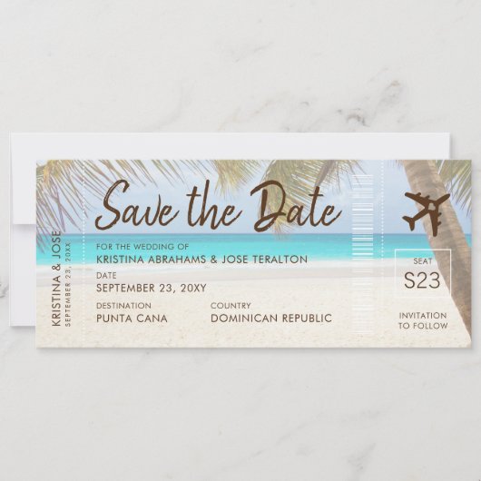 Sandy Beach Boarding Pass Ticket Save Date Card Aankondiging (Voorkant)