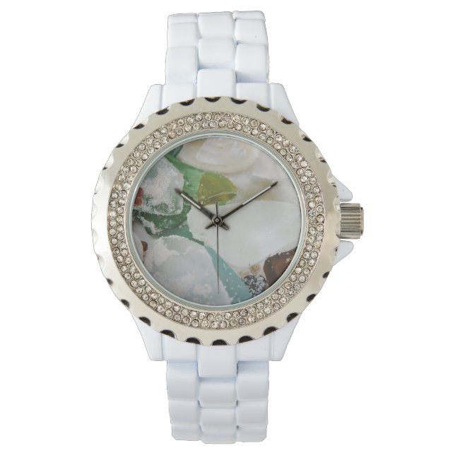 Sandy Beach Glass Custom Strass Wit Emaille Horloge (Voorkant)