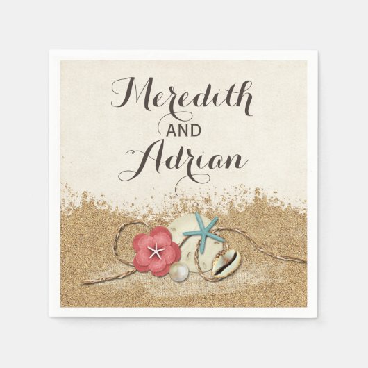 Sandy Beach Hibiscus & Shells Bruiloft Gepersonali Servet (Voorkant)
