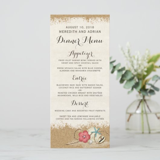 Sandy Beach Hibiscus & Shells Menu Mariage Dîner (Debout devant)