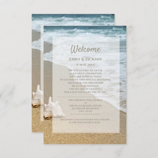 Sandy Beach Ocean Seashell Weddenschap Welkom Informatiekaartje (Voorkant / Achterkant)