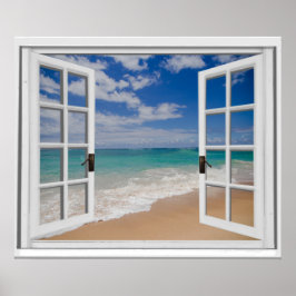 Sandy Beach Ocean Uitzicht Faux Window Poster