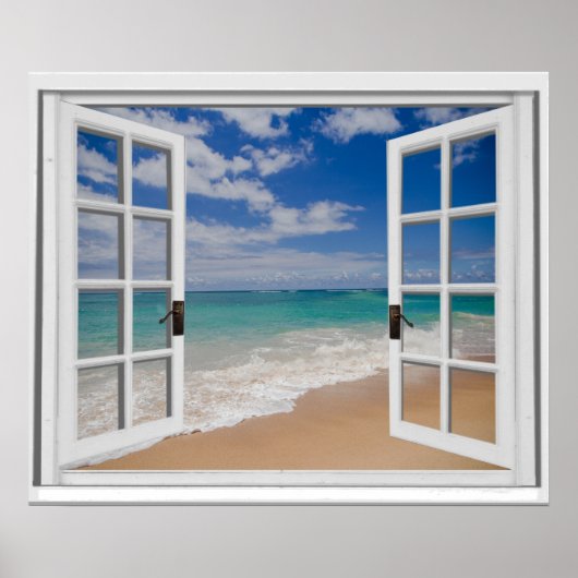 Sandy Beach Ocean Uitzicht Faux Window Poster (Voorkant)