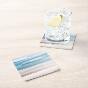 Sandy Beach Ocean Waves Abstracte Waterverf Vierkante Kartonnen Onderzetter