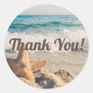 Sandy Beach Ocean Waves Starfish Bedankt Ronde Sticker
