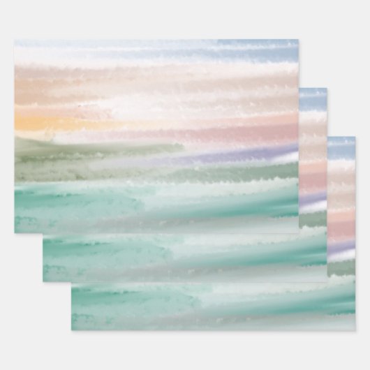 Sandy Beach Ocean Waves Sunset Abstracte Waterverf Inpakpapier Vel (Set)