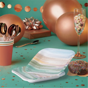 Sandy Beach Ocean Waves Sunset Abstracte Waterverf Papieren Bordje