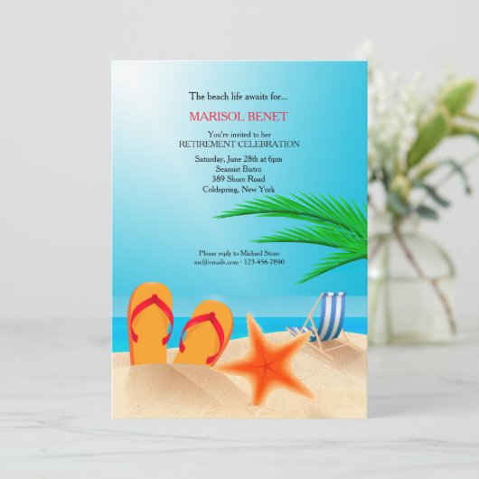 Sandy Beach Retraite Party Invitation (Debout devant)