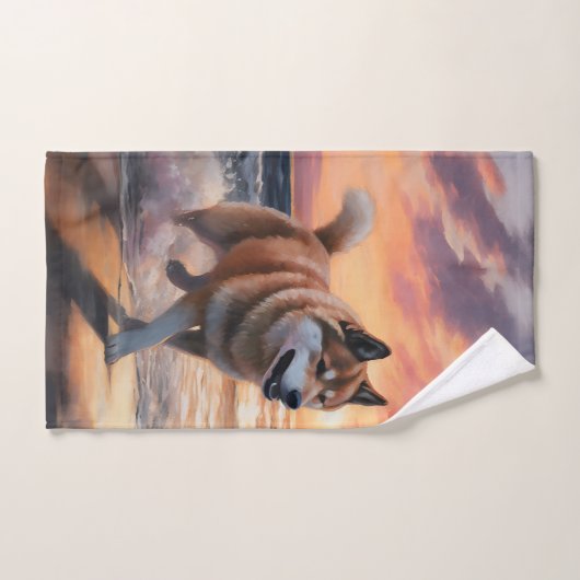 Sandy Paws Akita Hond op Strand Zonsondergang Bad Handdoek (Handdoek)