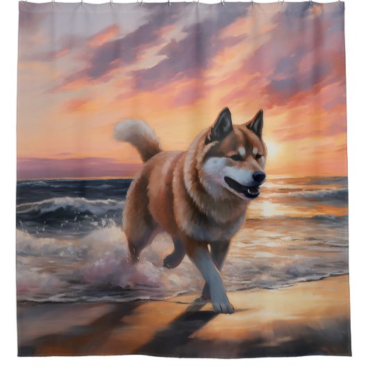 Sandy Paws Akita Hond op Strand Zonsondergang Douchegordijn (Voorkant)