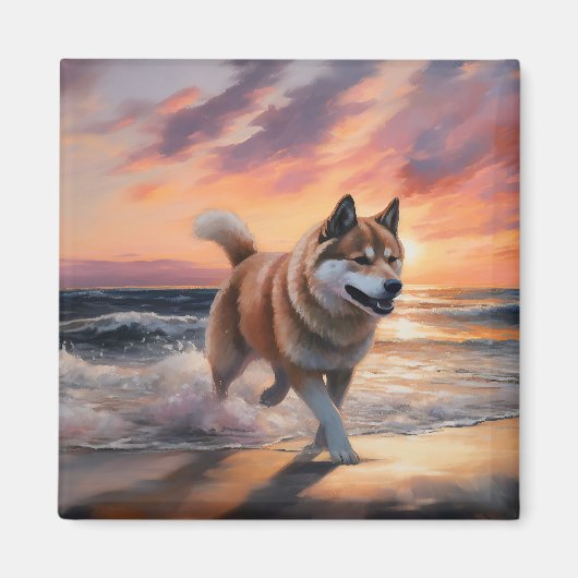 Sandy Paws Akita Hond op Strand Zonsondergang Magneet (Voorkant)