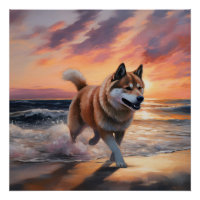 Sandy Paws Akita Hond op Strand Zonsondergang