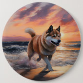 Sandy Paws Akita Hond op Strand Zonsondergang Ronde Button 6,0 Cm (Voorkant)