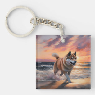 Sandy Paws Akita Hond op Strand Zonsondergang Sleutelhanger