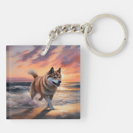 Sandy Paws Akita Hond op Strand Zonsondergang Sleutelhanger (Achterkant)