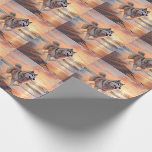 Sandy Paws Alaskan Malamute Hond op Strand Zonsond Cadeaupapier (Hoek)