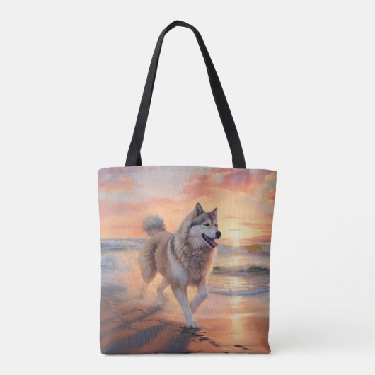 Sandy Paws Alaskan Malamute Hond op Strand Zonsond Draagtas (Achterkant)