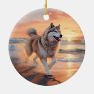 Sandy Paws Alaskan Malamute Hond op Strand Zonsond Keramisch Ornament