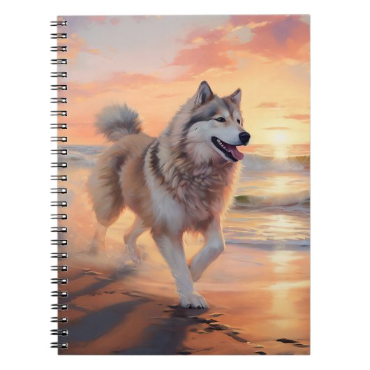 Sandy Paws Alaskan Malamute Hond op Strand Zonsond Notitieboek (Voorkant)