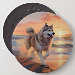 Sandy Paws Alaskan Malamute Hond op Strand Zonsond Ronde Button 6,0 Cm