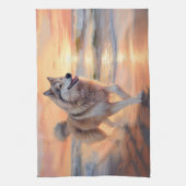 Sandy Paws Alaskan Malamute Hond op Strand Zonsond Theedoek (Verticaal)