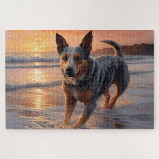 Sandy Paws Australische vee hond op strand zonsond Legpuzzel (Horizontaal)
