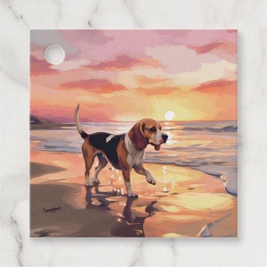 Sandy Paws Beagle Hond op Strand Zonsondergang Bedankjes Labels (Voorkant)