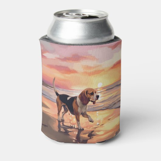 Sandy Paws Beagle Hond op Strand Zonsondergang Blikjeskoeler (Blikje Achterkant)