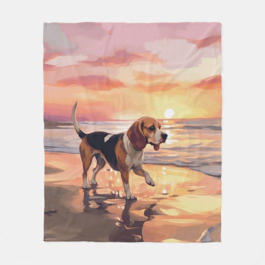 Sandy Paws Beagle Hond op Strand Zonsondergang Fleece Deken (Voorkant)