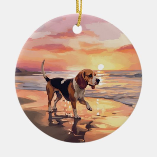Sandy Paws Beagle Hond op Strand Zonsondergang Keramisch Ornament (Voorkant)