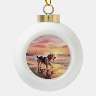 Sandy Paws Beagle Hond op Strand Zonsondergang Keramische Bal Ornament