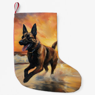 Sandy Paws Belgische Malinois-hond op het strand b Kleine Kerstsok