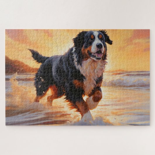 Sandy Paws Berner Berghond op Strand Zonsondergang Legpuzzel (Horizontaal)