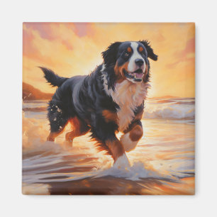 Sandy Paws Berner Berghond op Strand Zonsondergang Magneet